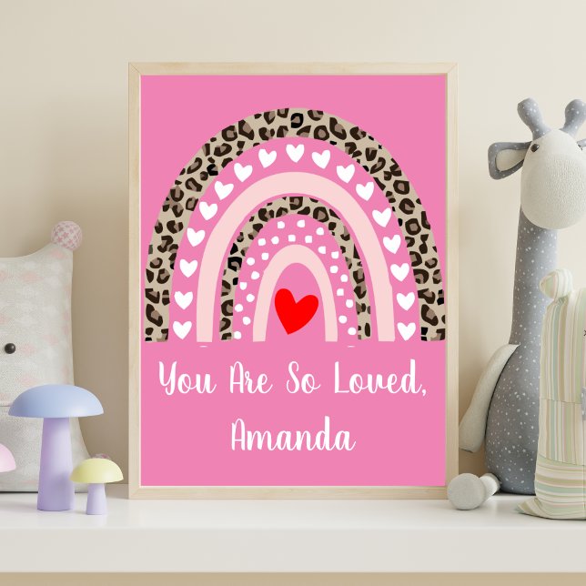 Boho Rainbow Leopard Pattern Hearts Nursery Wall  Poster (Boho Rainbow Personalized Nursery Wall Art. You Are So Loved)