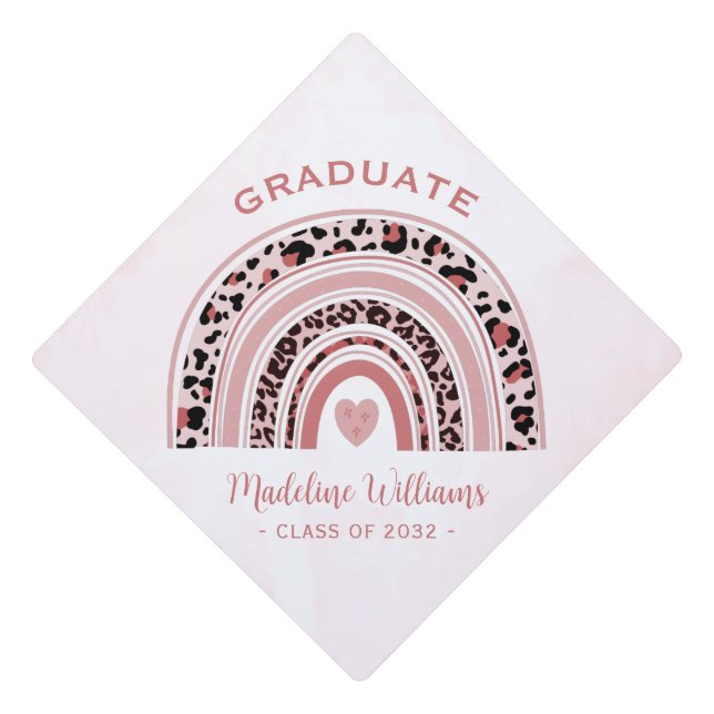 Boho Rainbow Leopard Print Name Graduation Cap Topper (Front)