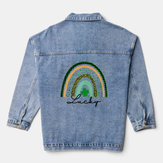 Boho Rainbow Lucky Shamrock Green Plaid And Leopar Denim Jacket (Back)