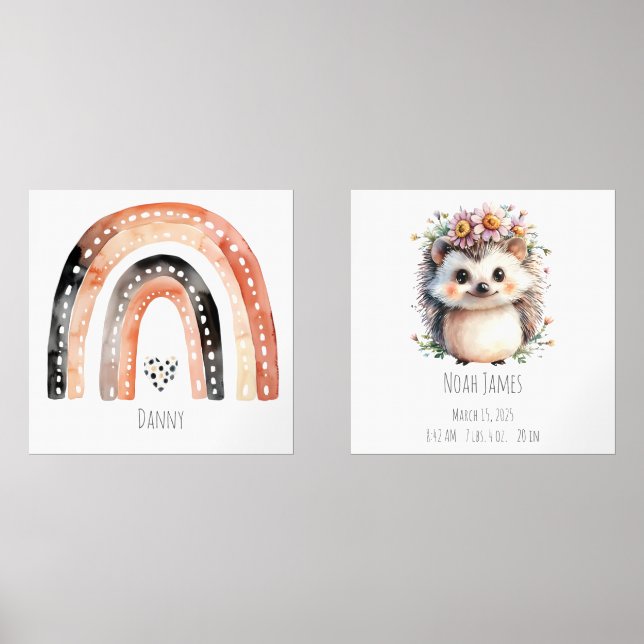 Boho Rainbow & mignon Hedgehog Nurserg Wall Art (Recto)