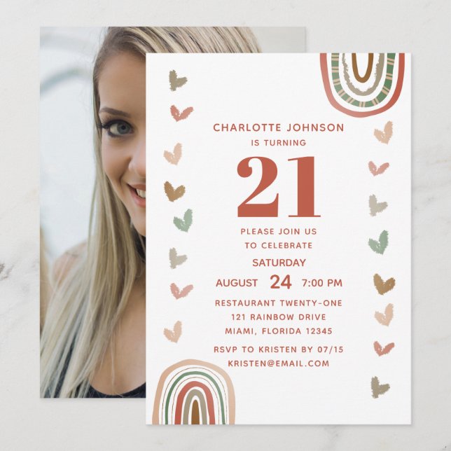 Boho Rainbow Modern 21st Birthday Party Invitation (Front/Back)