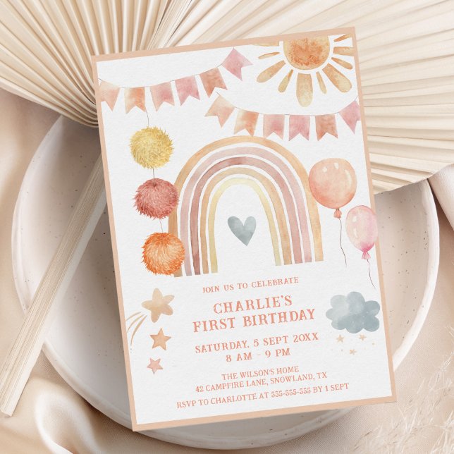 Boho Rainbow Modern Kids Birthday Invitation (Creator Uploaded)