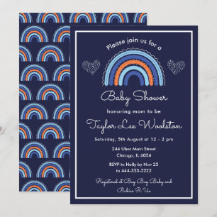 Boho Rainbow Navy Blue Baby Shower Invitation