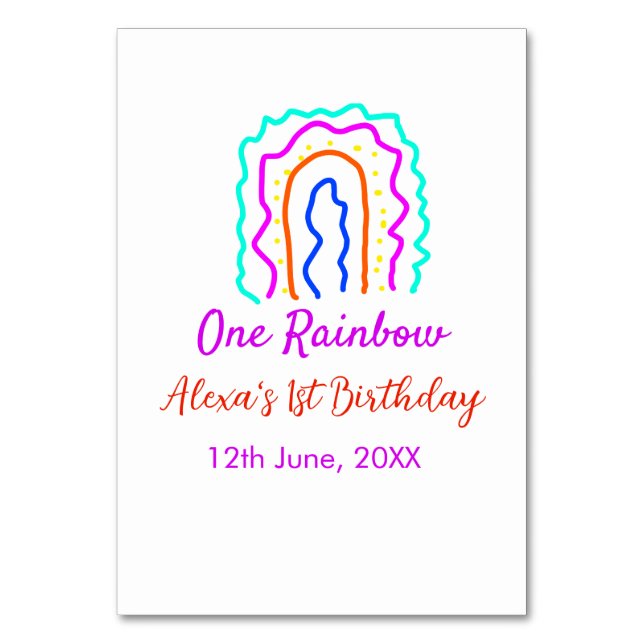 Boho Rainbow one birthday kids bright retro bold Table Number (Front)
