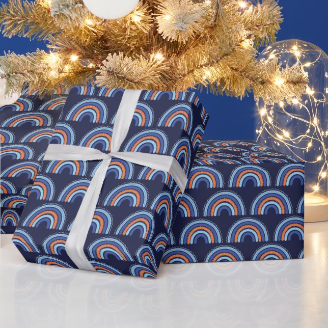 Boho Rainbow Orange and Navy Blue Wrapping Paper (Holidays)