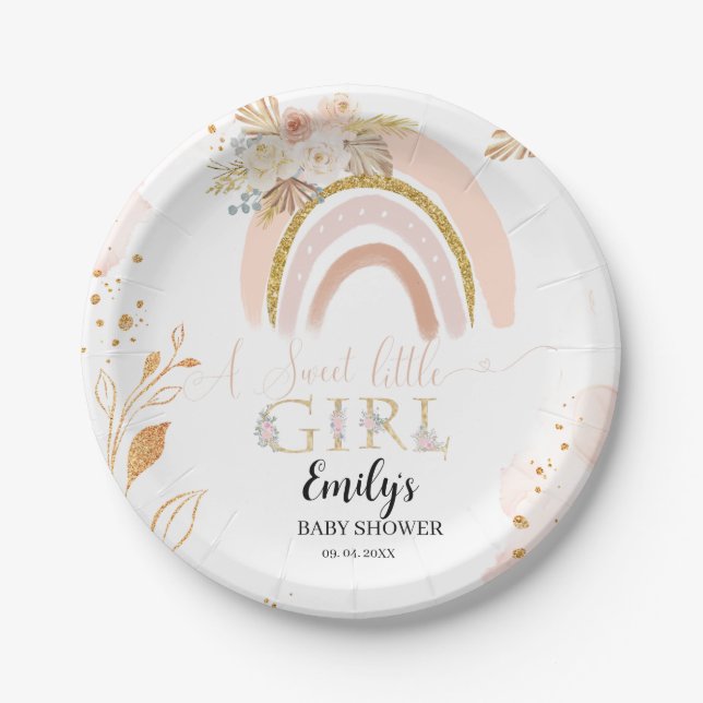 Boho Rainbow Pampas Grass Thank you Baby Shower Paper Plate (Front)