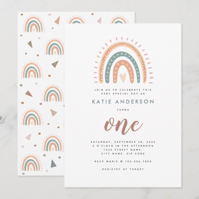 Boho Rainbow Pastel Première Invitation d'annivers (Devant / Derrière)