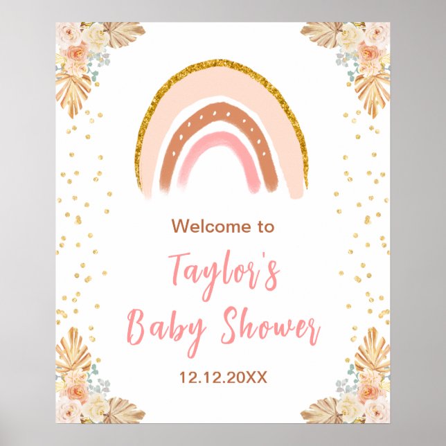 Boho Rainbow Pink Baby Shower Welcome Poster (Front)