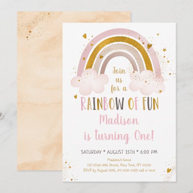 Boho Rainbow Pink Gold Birthday Invitation (Front/Back)