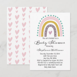 Boho Rainbow Pink Hearts Purple Teal Baby Girl Invitation