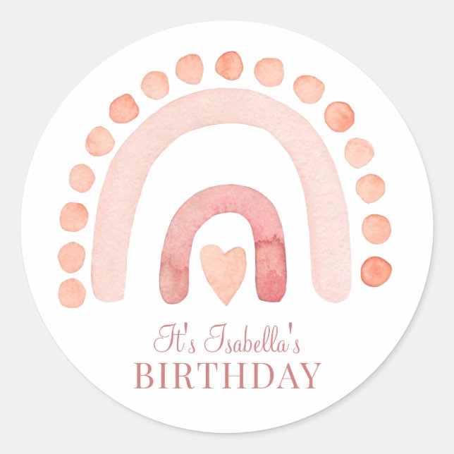 Boho Rainbow Pink Kid's Birthday Party   Classic Round Sticker (Front)