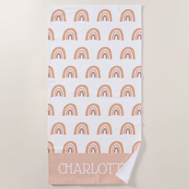 Boho Rainbow Pink Pastel Personalized Kids Beach Towel (Front)