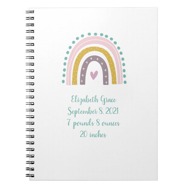 Boho Rainbow Pink Teal Gold Hearts Baby Gift Notebook (Front)