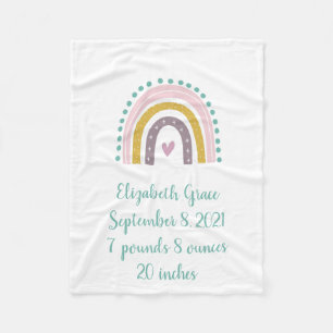 Boho Rainbow Pink Teal Gold Hearts Birth Stats Bab Fleece Blanket