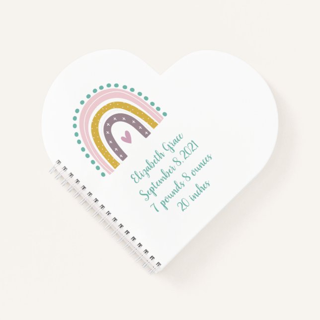 Boho Rainbow Pink Teal Gold Hearts Birth Stats Notebook (Front)