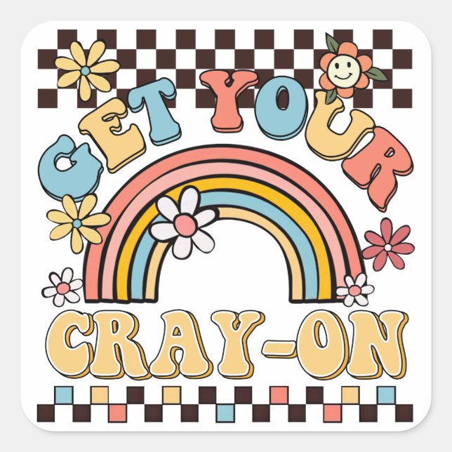 Boho rainbow retro flair get your cray-on teacher square sticker (Front)
