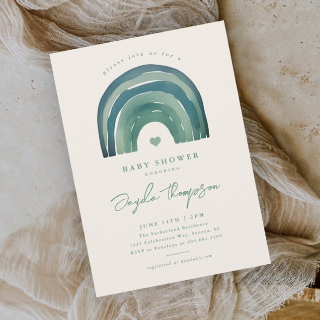 Boho Rainbow Sage Green Baby Shower Invitation (Boho rainbow sage green neutral baby shower invitation.)
