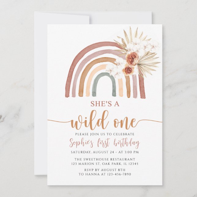 Boho Rainbow She's A Wild One First Birthday Invitation (Front)
