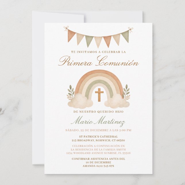 Boho Rainbow Spanish Boy Primera Comunión Cross Invitation (Front)