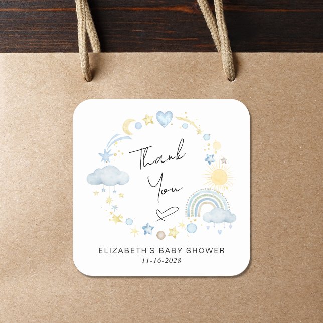 Boho Rainbow Sun Baby Boy Shower Thank You Square Sticker (Creator Uploaded)