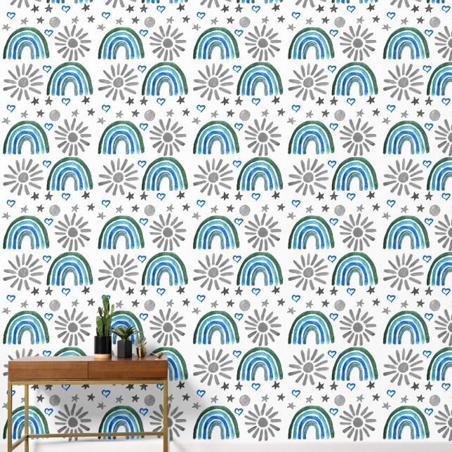 Boho Rainbow Sun Blue Baby Boy Kids Wallpaper (Hallway)