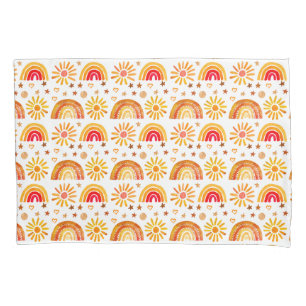 Boho Rainbow Sun Stars Watercolor Orange Pattern Pillowcase