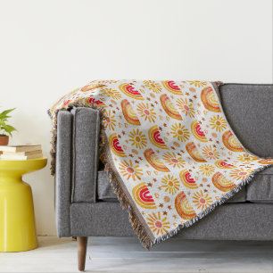 Boho Rainbow Sun Stars Watercolor Orange Pattern Throw Blanket