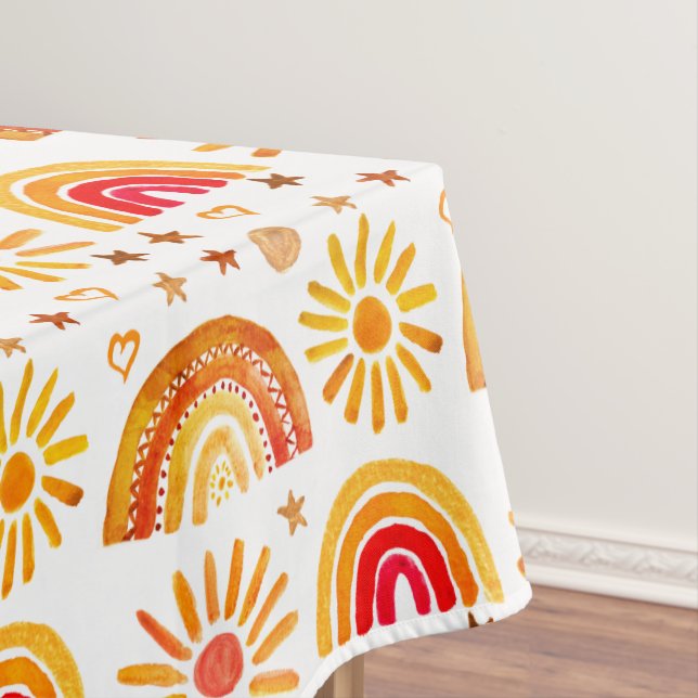 Boho Rainbow Sun Stars Watercolor Pastel Pattern Tablecloth (In Situ)