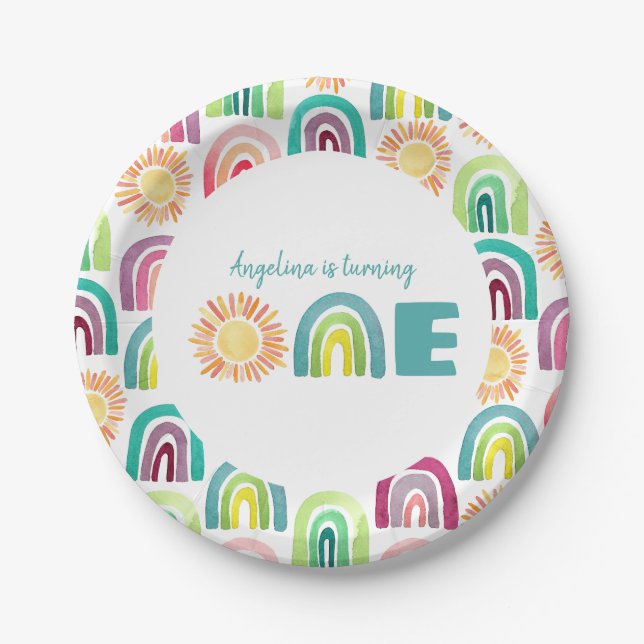 Boho Rainbow & Suns 1st Birthday Blue Watercolor Paper Plate (Front)