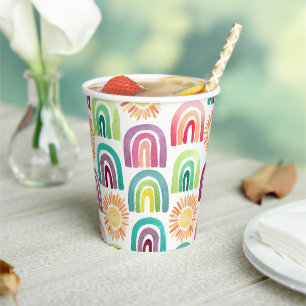 Boho Rainbow & Suns 1st Birthday Watercolor Paper Cups
