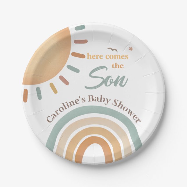 Boho Rainbow Sunshine Baby Shower Paper Plates (Front)