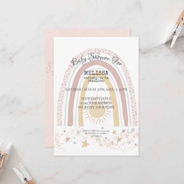 Boho Rainbow Sunshine Pink Mustard Gold Stars Girl Invitation (Front/Back In Situ)