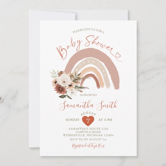 Boho Rainbow Terracota Floral Baby Shower Invitation (Front)