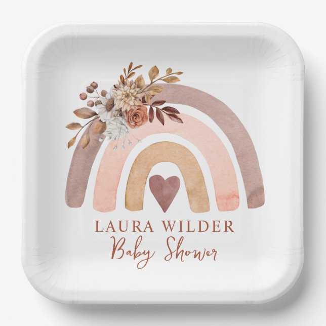 Boho Rainbow Terracotta Brown Rust Baby Shower Paper Plate (Front)