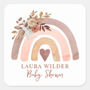 Boho Rainbow Terracotta Brown Rust Baby Shower Square Sticker