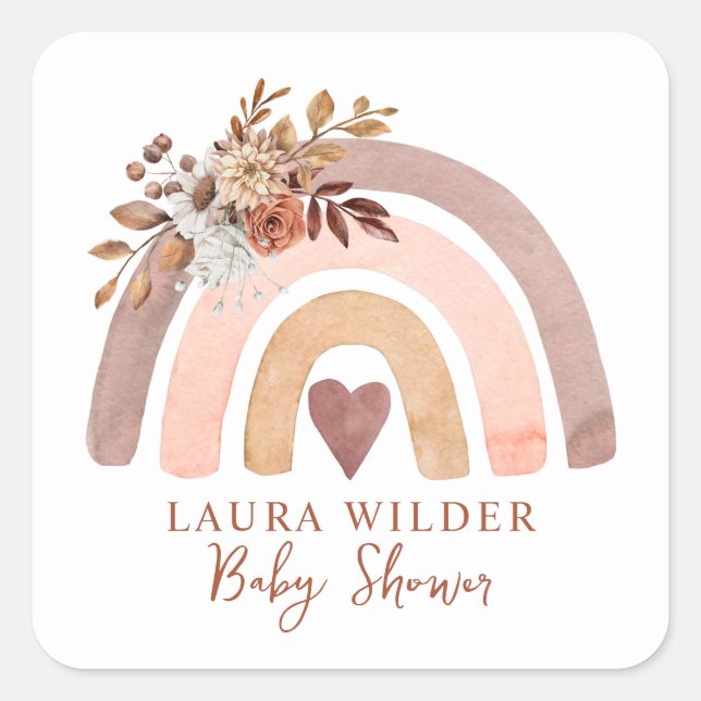 Boho Rainbow Terracotta Brown Rust Baby Shower Square Sticker (Front)
