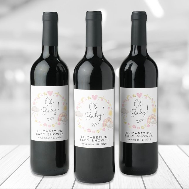 Boho Rainbow Watercolor Baby Girl Shower Wine Label (Creator Uploaded)