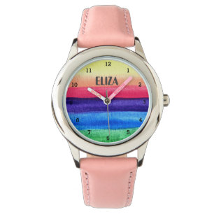 Boho Rainbow Watercolor Cute Girls Pink Kids name Watch