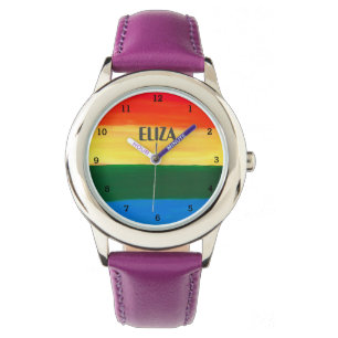 Boho Rainbow Watercolor Cute Girls Pink Kids Watch