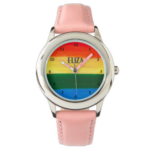 Boho Rainbow Watercolor Cute Girls Pink Kids Watch