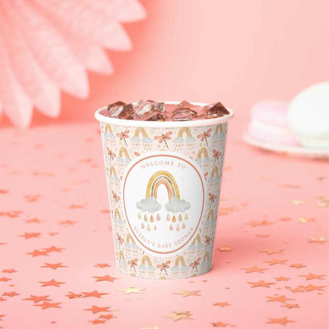 Boho Rainbow Watercolor Dragonfly Baby Shower Paper Cups (Insitu)