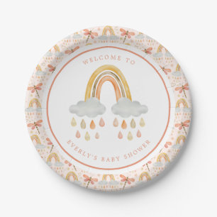 Boho Rainbow Watercolor Dragonfly Baby Shower Paper Plate