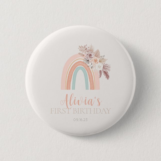 Boho Rainbow Watercolor First Birthday 2 Inch Round Button (Front)