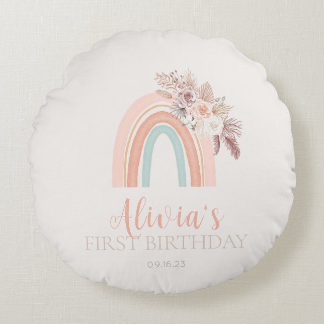 Boho Rainbow Watercolor First Birthday Round Pillow (Front)