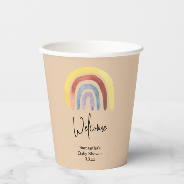 Boho rainbow welcome to baby shower paper cups (Front)