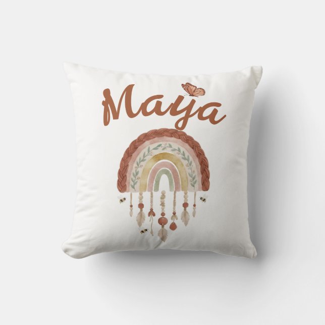Boho Rainbow & Whimsical Bee Pattern Nursery Curta Throw Pillow (Front)