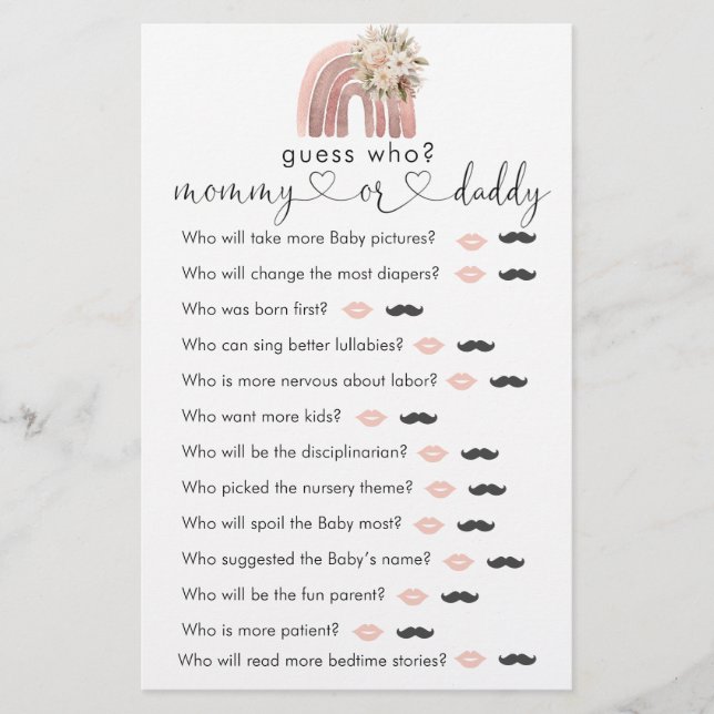  Boho Rainbow Wishes For Baby  "Guess Who" Game (Front)