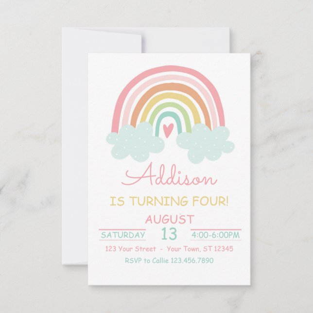Boho Rainbow With Clouds Birthday Party Invitation (Front)