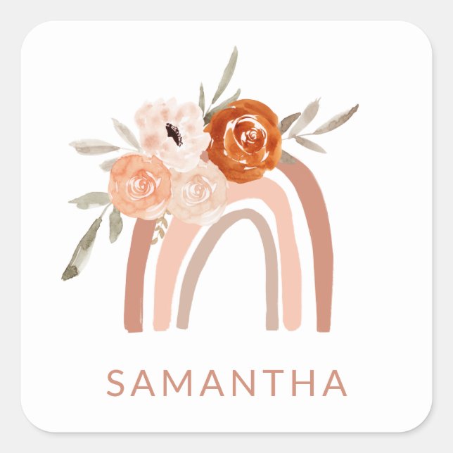 Boho Rainbow with Flowers | Neutral Colour Square Sticker (Front)