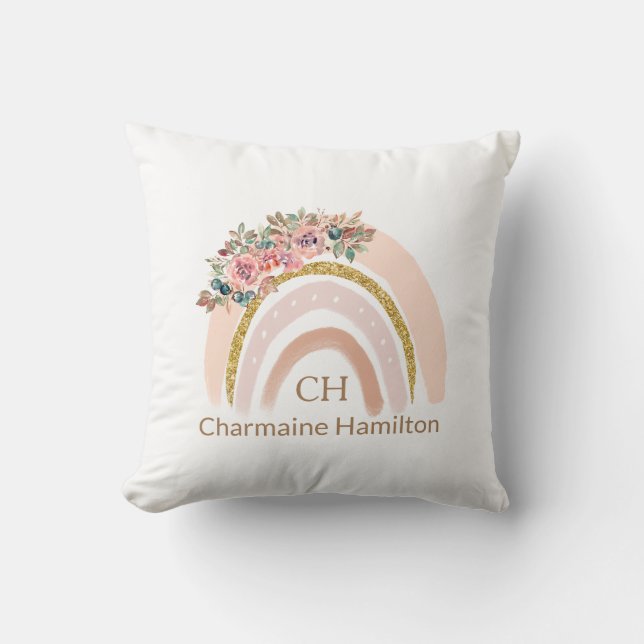 Boho Rainbow with Flowers - Neutral Colour  Throw Pillow (Front)